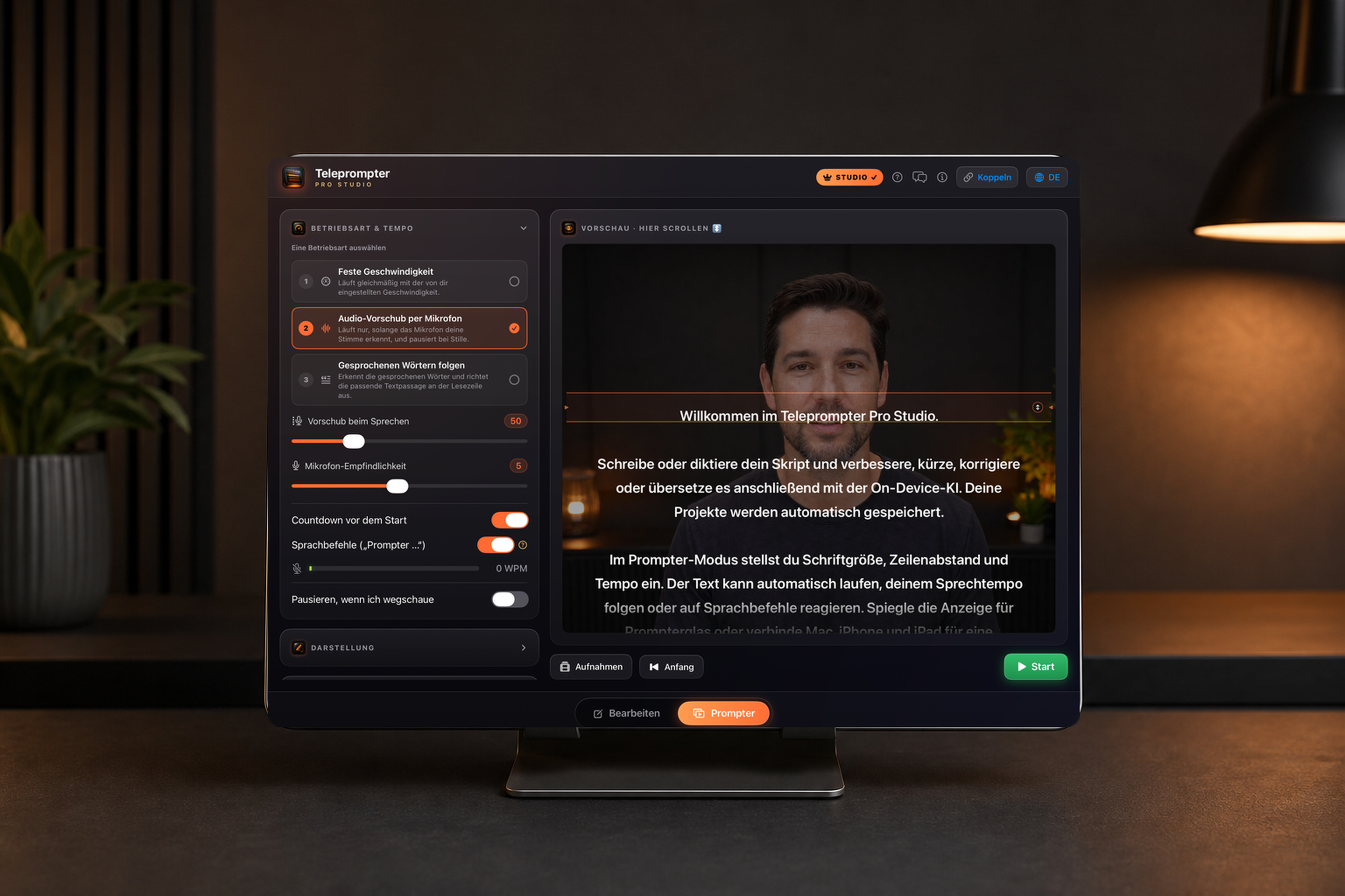 Teleprompter Pro Studio mit Kameravorschau auf einem iPad im Querformat
