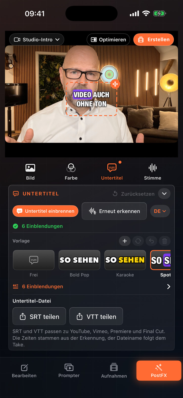 iPhone mit Untertiteln und Vorlagen in PostFX