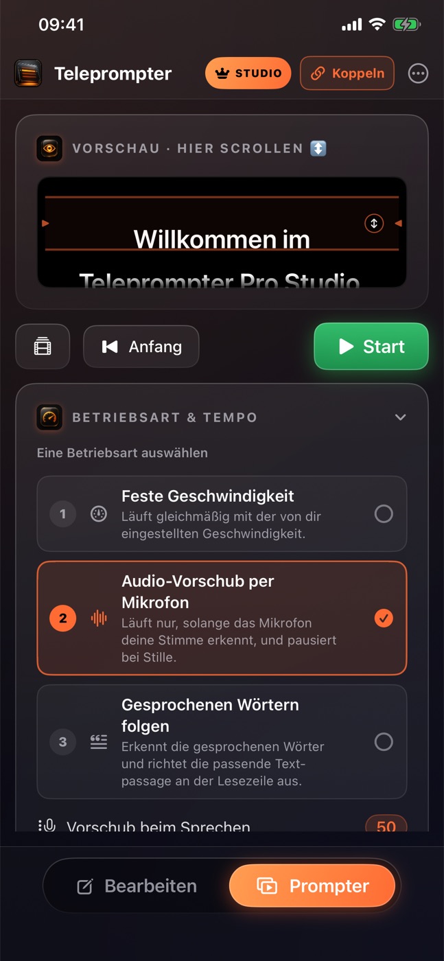 Teleprompter Pro Studio auf einem iPhone im Hochformat