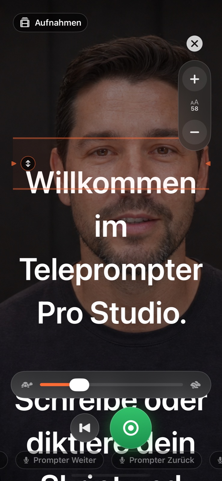 iPhone-Prompter mit deutschem Text vor einem Kamerabild