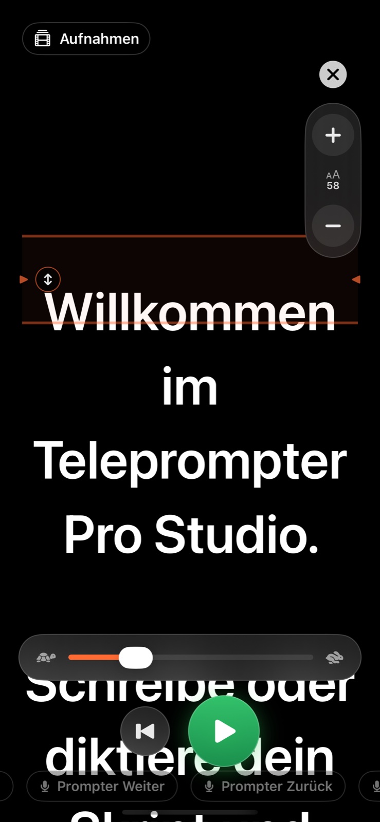 iPhone-Prompter mit deutschem Text auf schwarzem Hintergrund