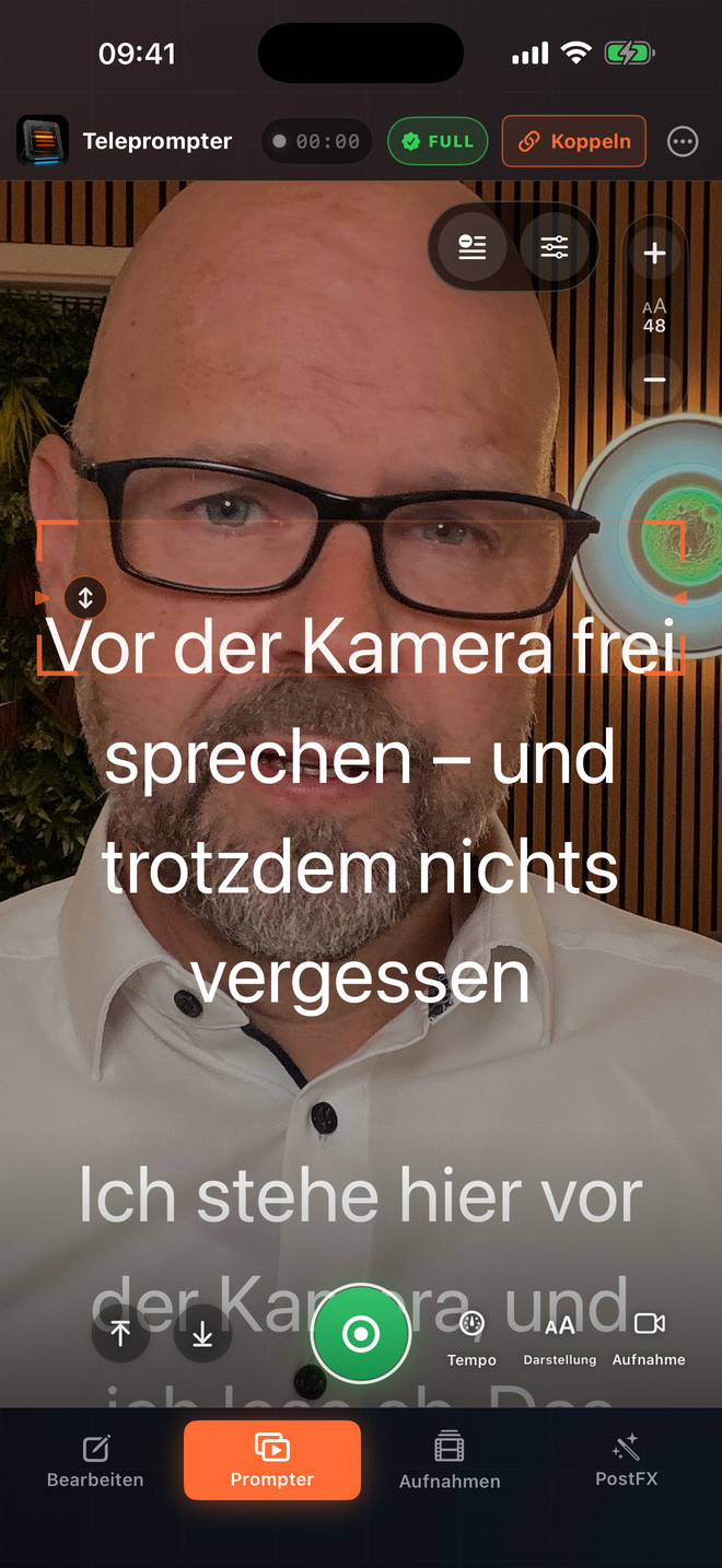 Teleprompter Video Studio auf einem iPhone im Hochformat