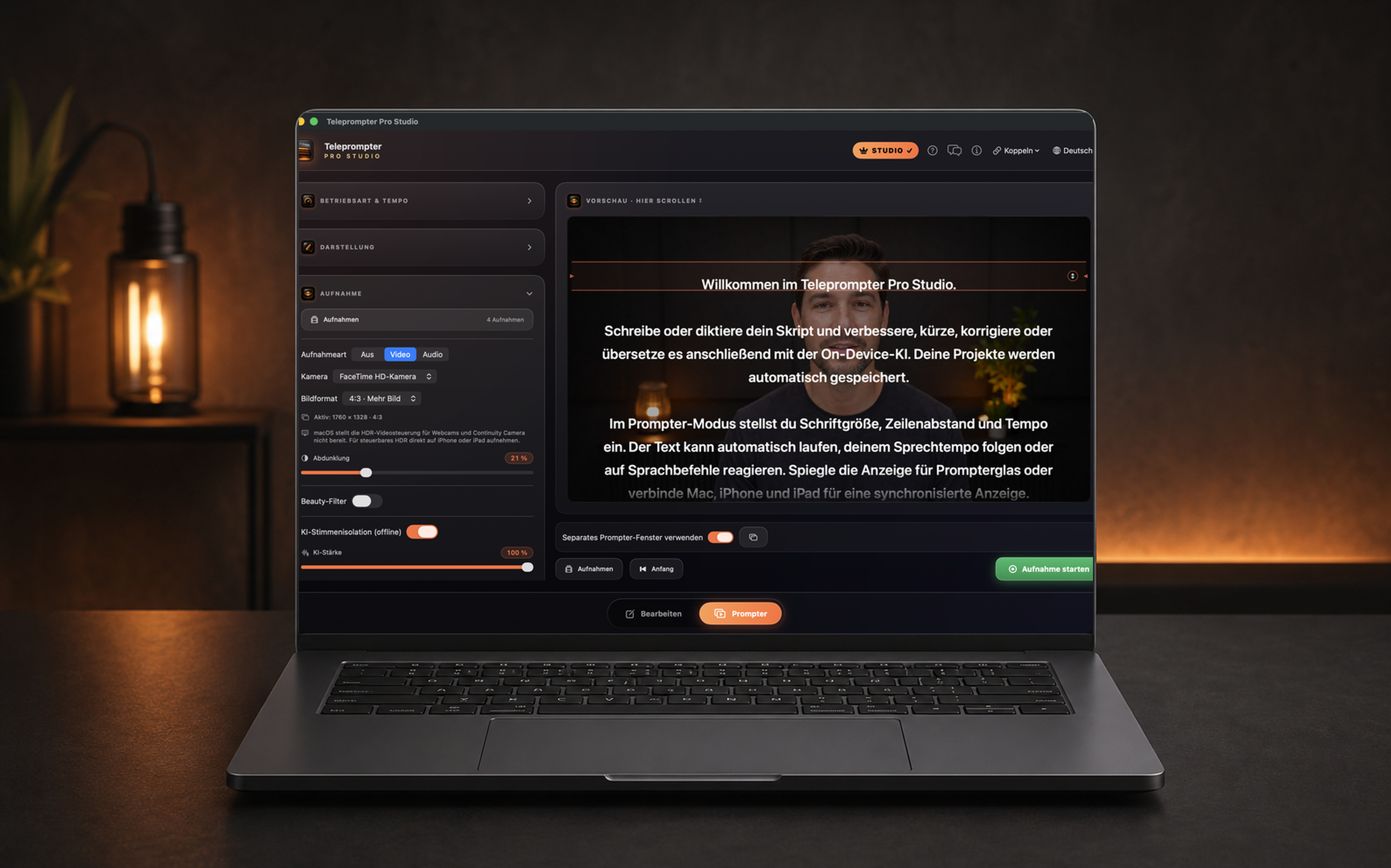 Teleprompter Pro Studio mit Kameravorschau auf einem MacBook