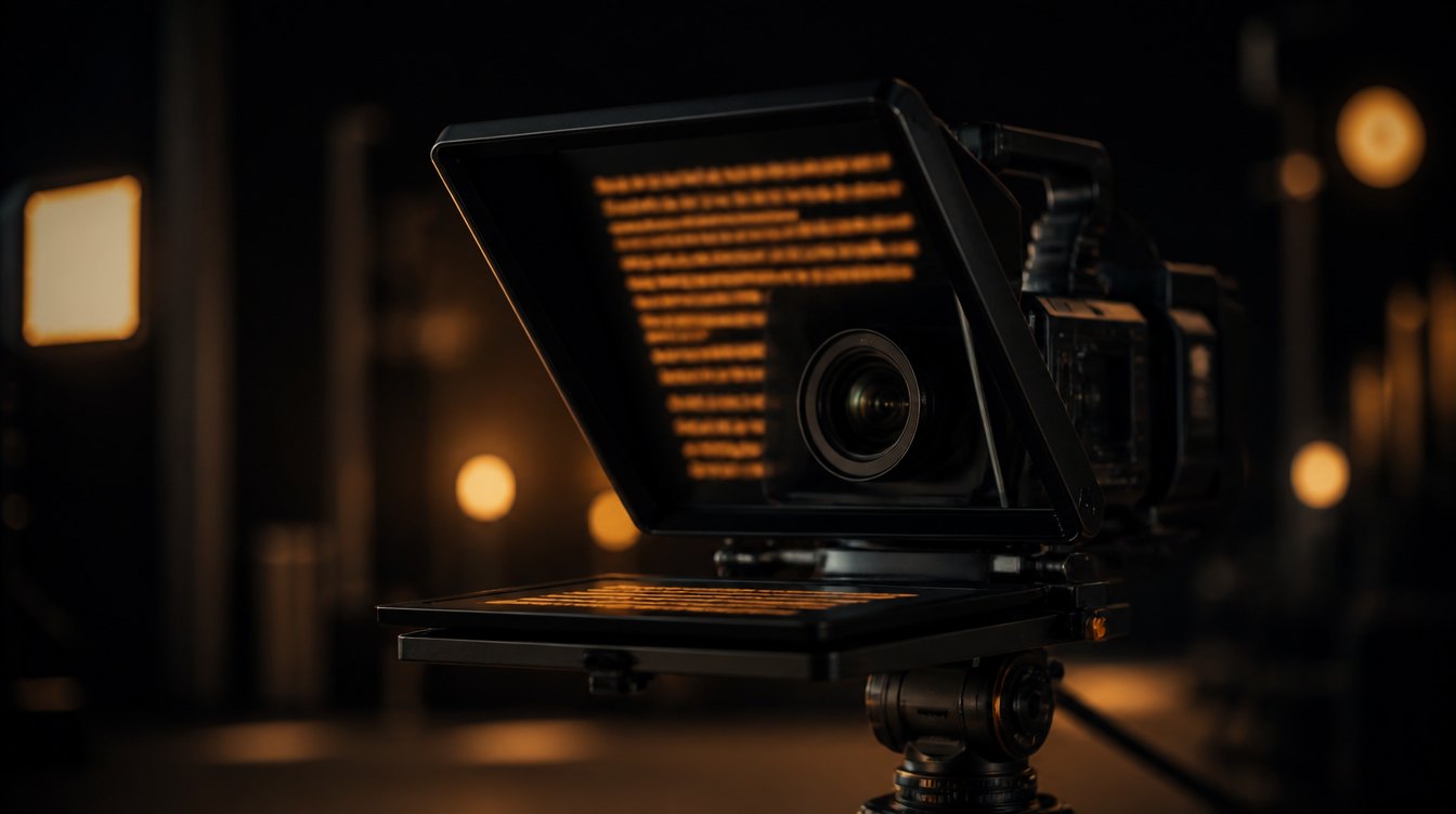 Professional prompter rig in a dark studio